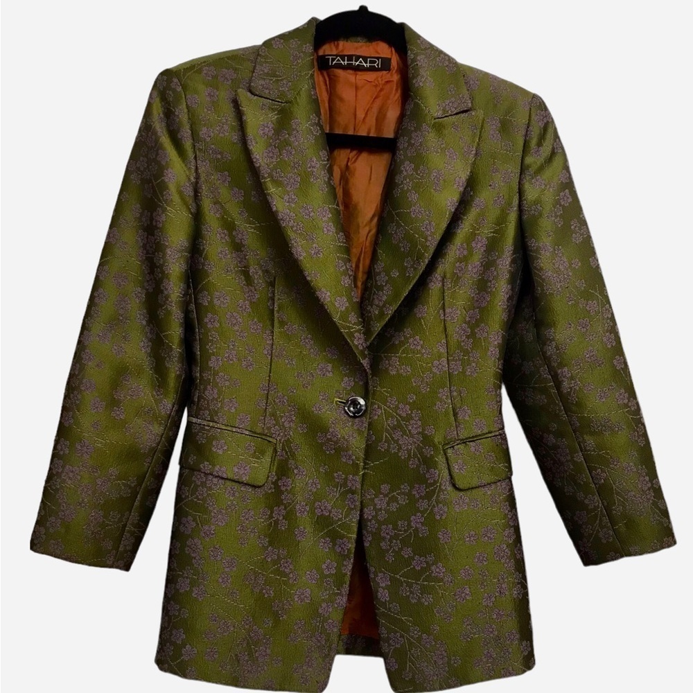 Tahari blazer olive green and purple flowers fitted size 2
